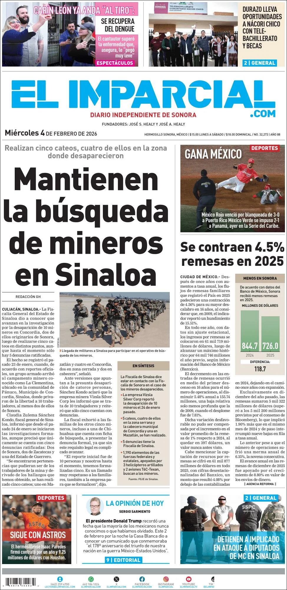 Portada de El Imparcial del miércoles, 4 de febrero de 2026