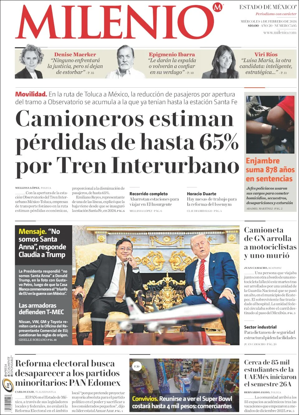 Portada de Milenio Edo de Mexico del miércoles, 4 de febrero de 2026