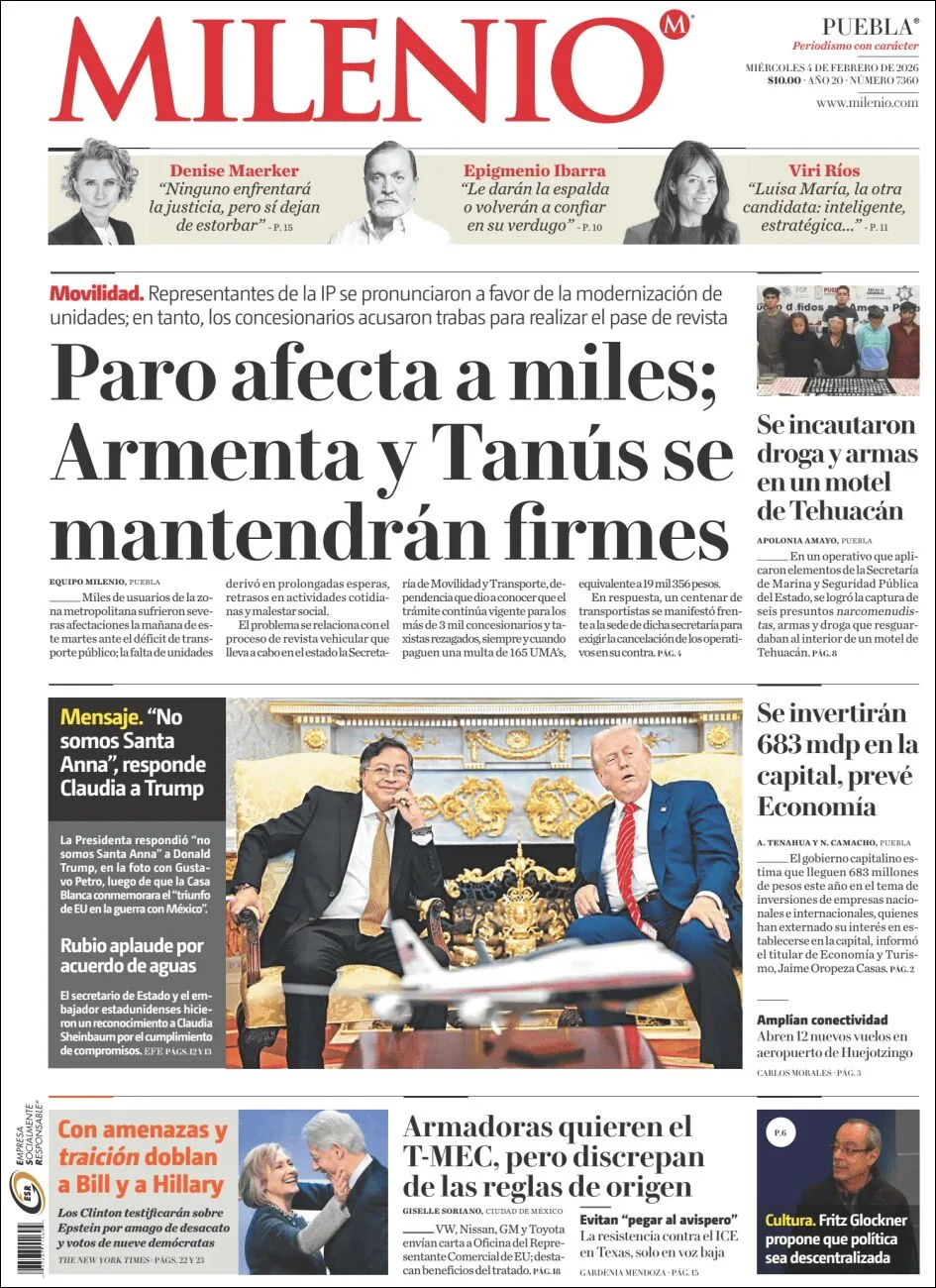 Portada de Milenio Puebla del miércoles, 4 de febrero de 2026