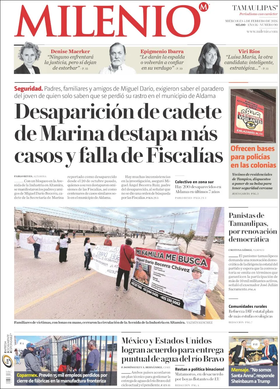 Portada de Milenio Tamaulipas del miércoles, 4 de febrero de 2026