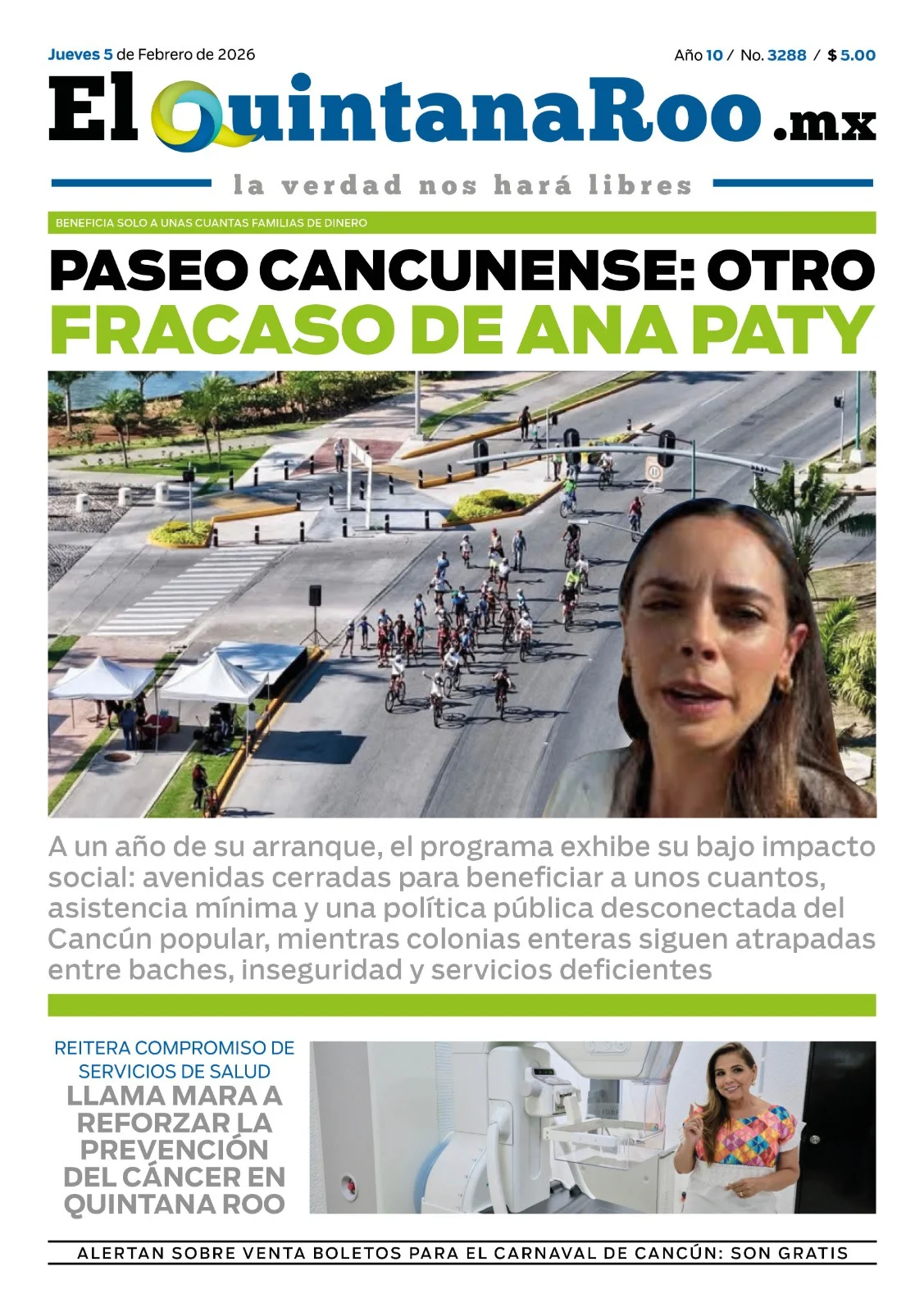 Portada de El Quintana Roo (portada) del jueves, 5 de febrero de 2026