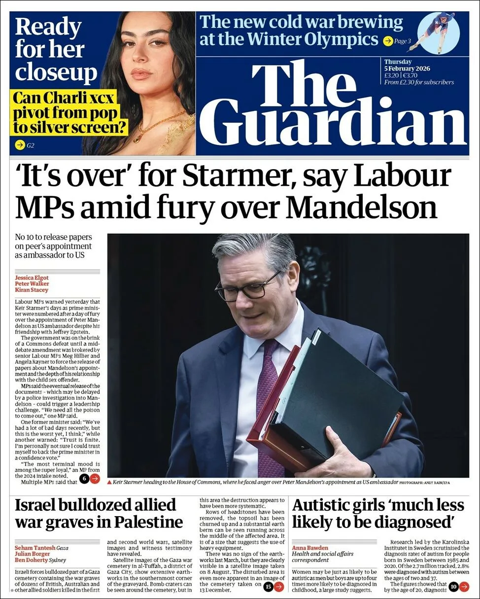 Portada de The Guardian (reino Unido) del jueves, 5 de febrero de 2026