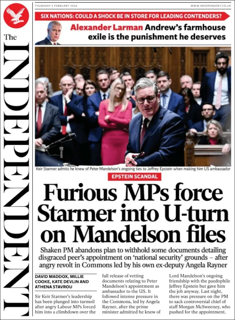 Portada de The Independent del jueves, 5 de febrero de 2026
