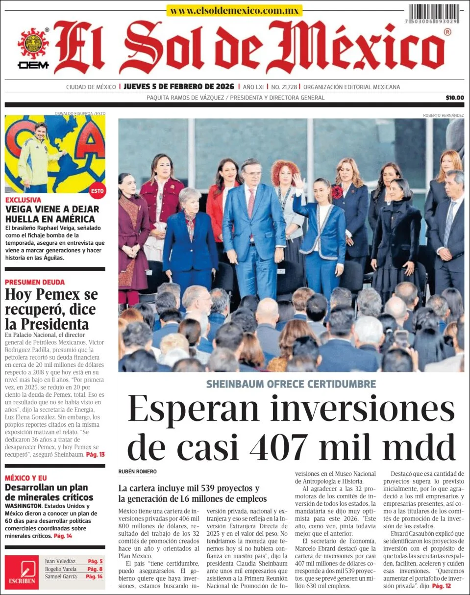 Portada de El Sol de Mexico del jueves, 5 de febrero de 2026