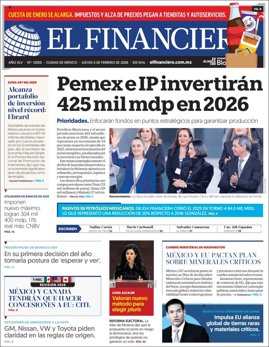 Portada de El Financiero del jueves, 5 de febrero de 2026