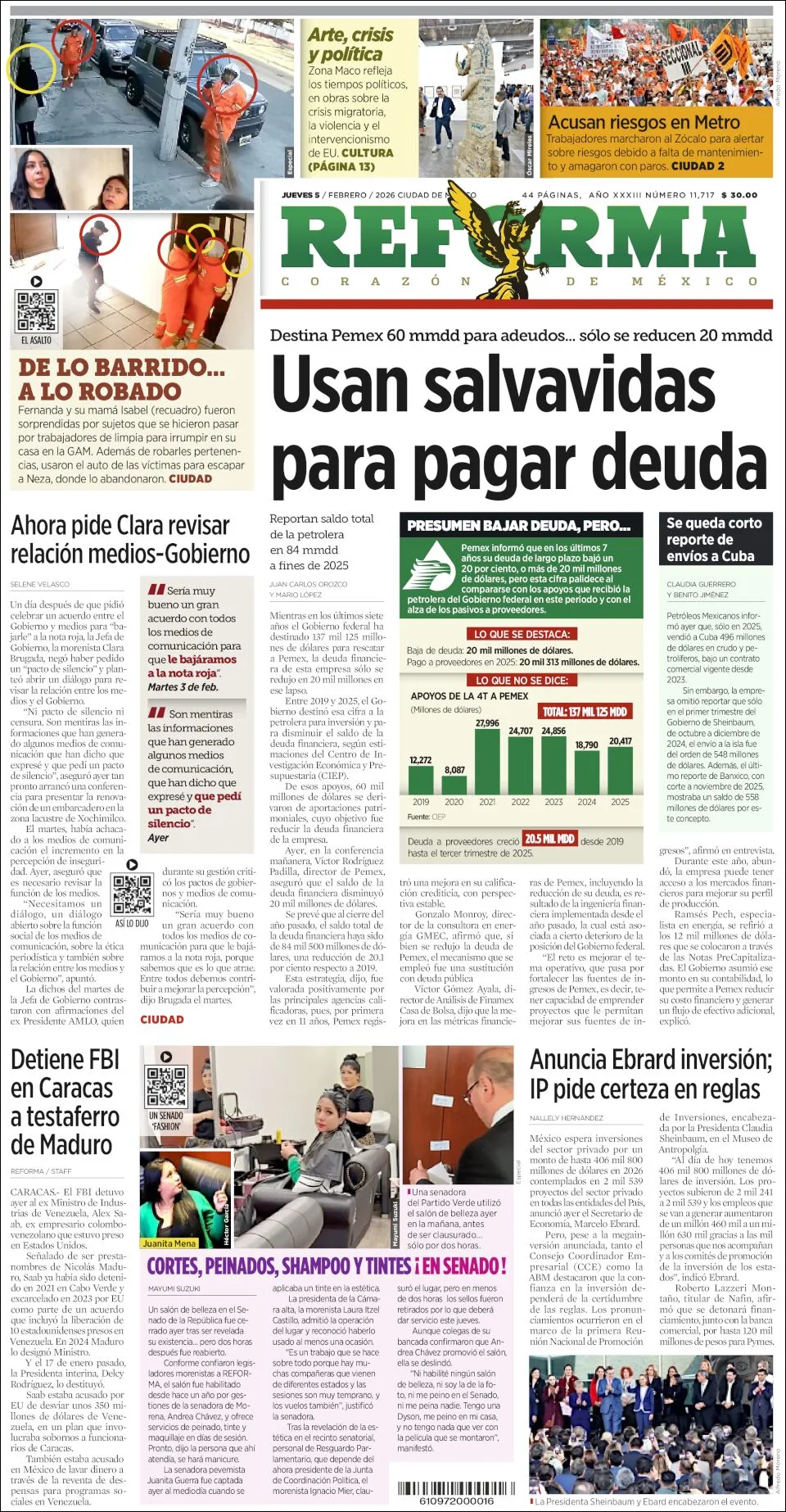 Portada de Reforma del jueves, 5 de febrero de 2026