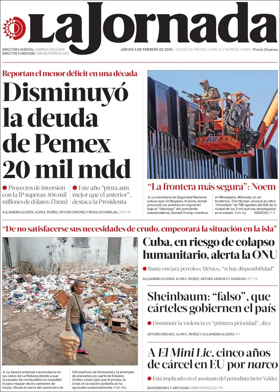 Portada de La Jornada del jueves, 5 de febrero de 2026