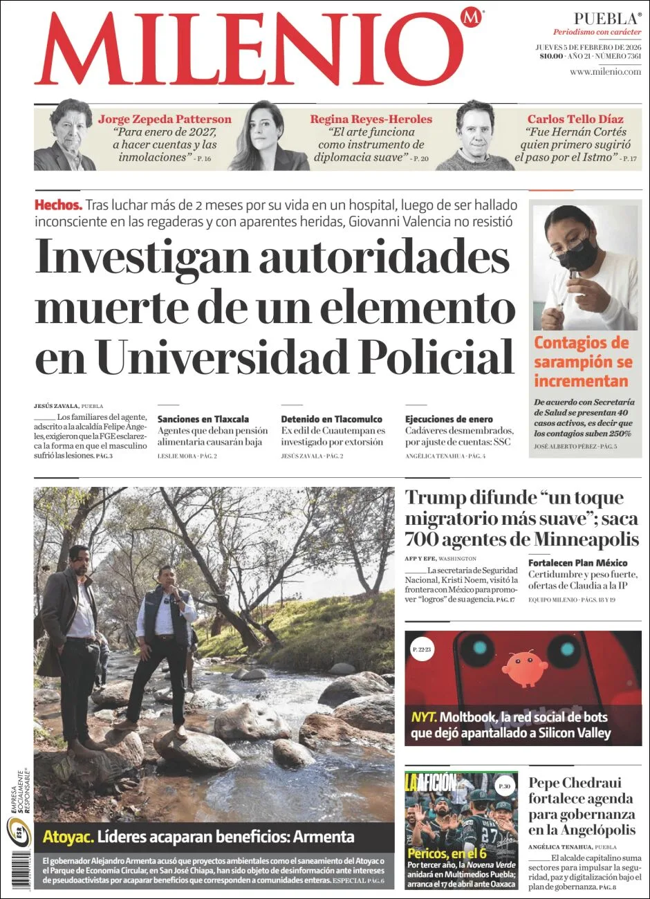 Portada de Milenio Puebla del jueves, 5 de febrero de 2026