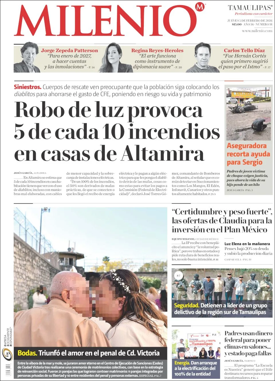Portada de Milenio Tamaulipas del jueves, 5 de febrero de 2026