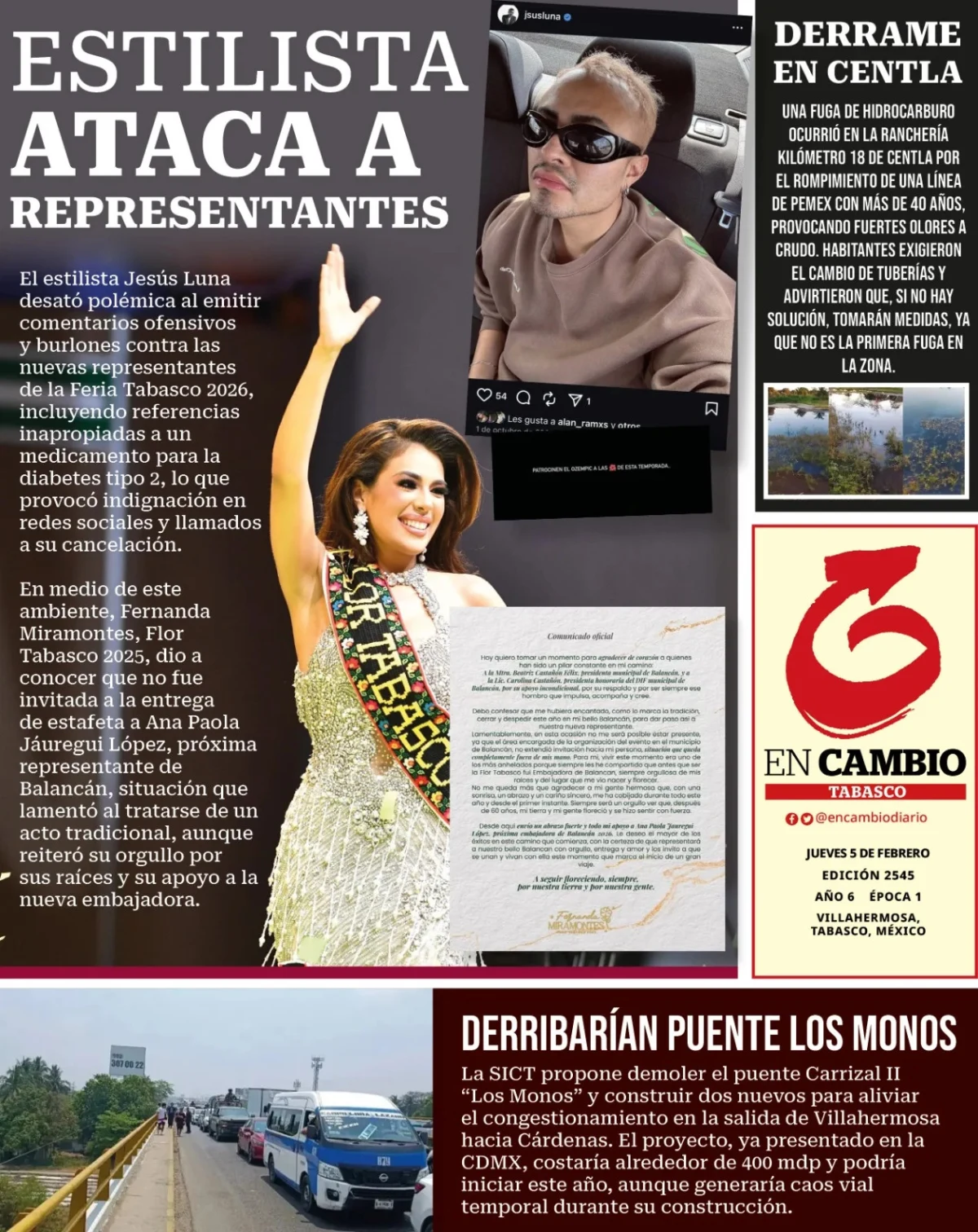 Portada de En Cambio - Tabasco (portada) del jueves, 5 de febrero de 2026