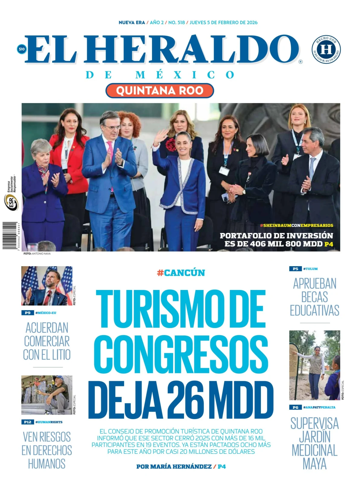 Portada de El Heraldo de Mexico - Quintana Roo del jueves, 5 de febrero de 2026