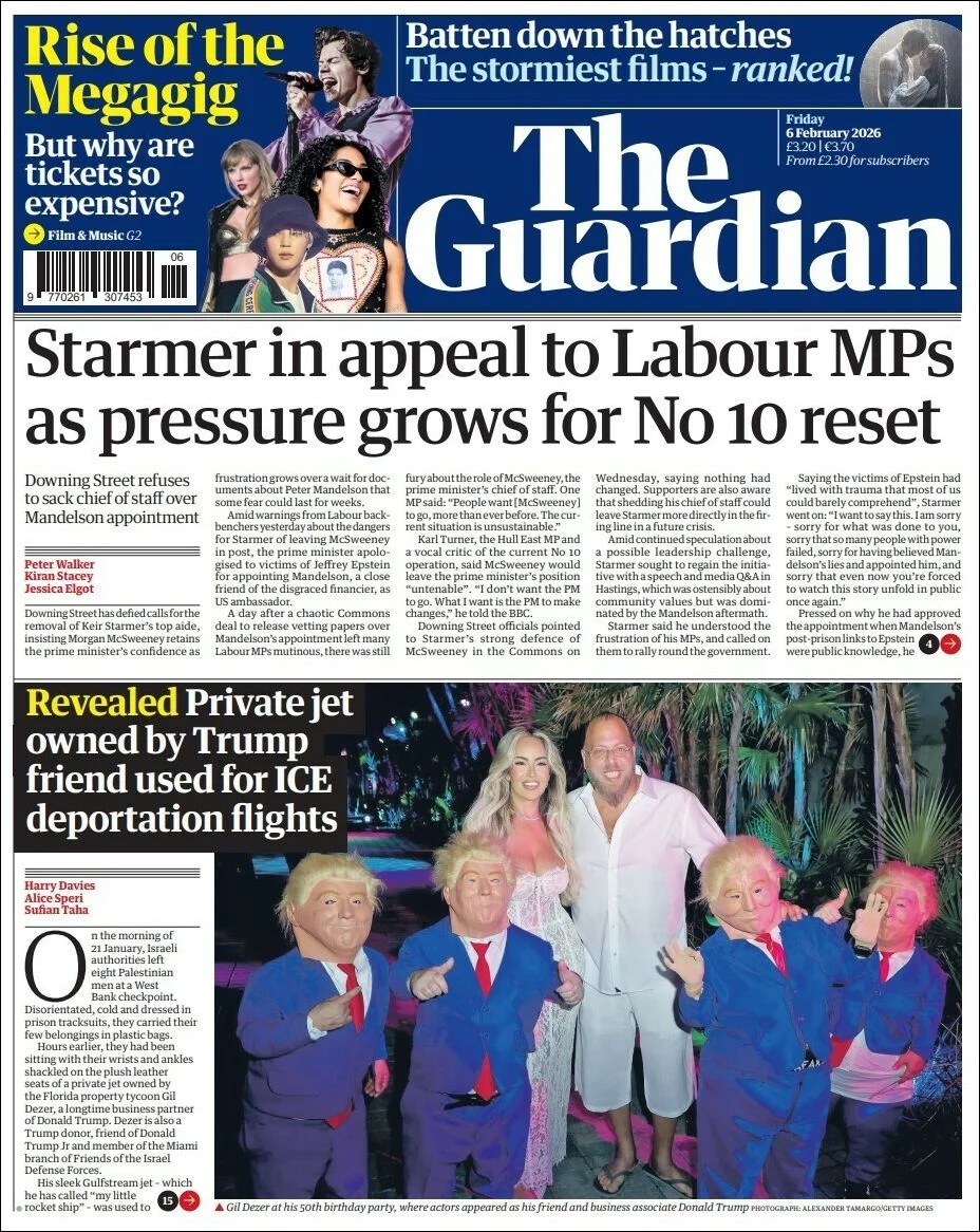 Portada de The Guardian (reino Unido) del viernes, 6 de febrero de 2026