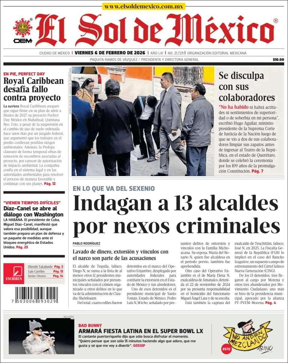 Portada de El Sol de Mexico del viernes, 6 de febrero de 2026