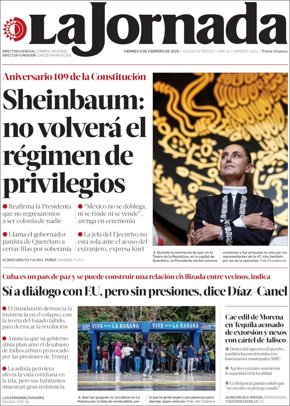 Portada de La Jornada del viernes, 6 de febrero de 2026
