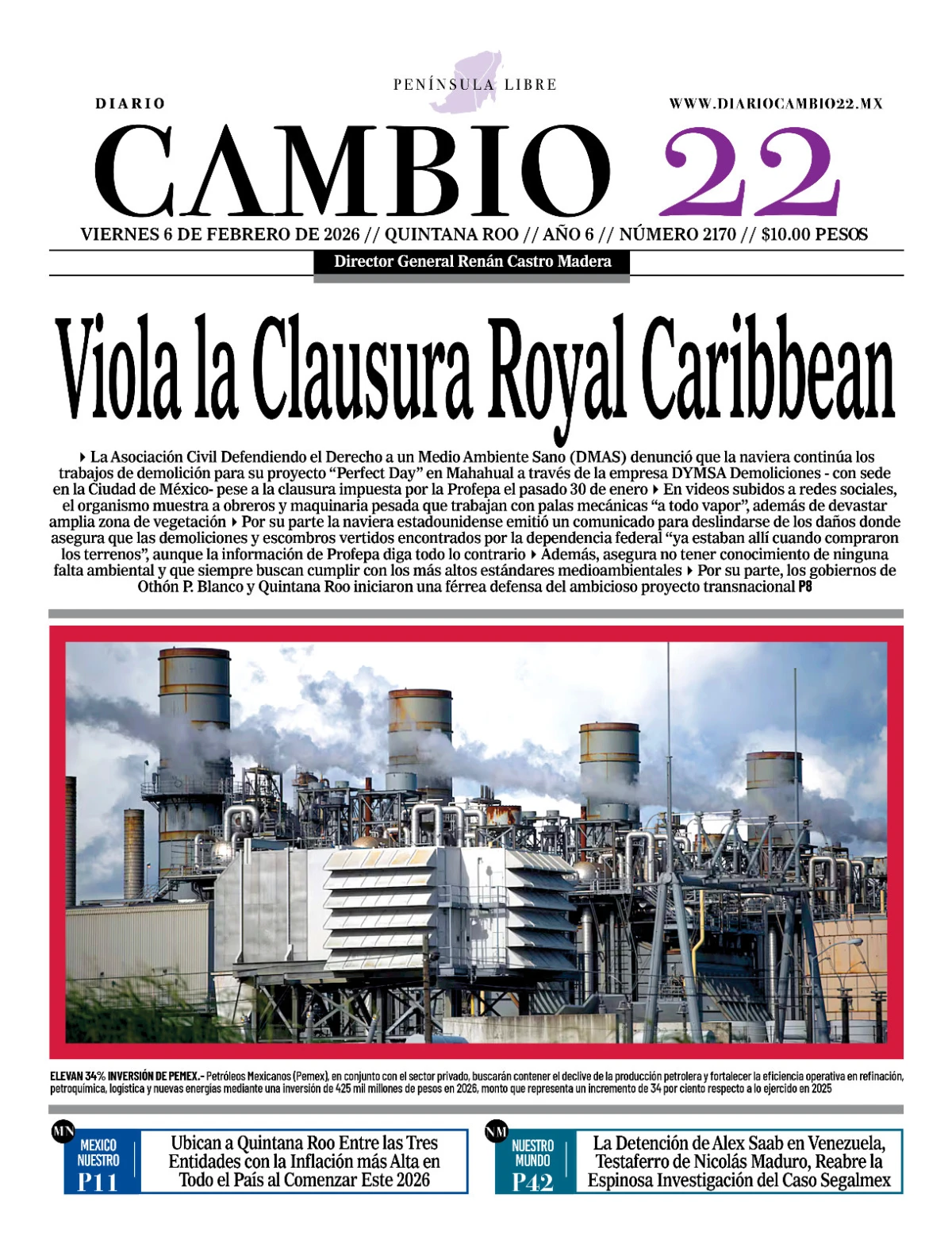 Portada de Diario Cambio 22 (contraportada) del viernes, 6 de febrero de 2026