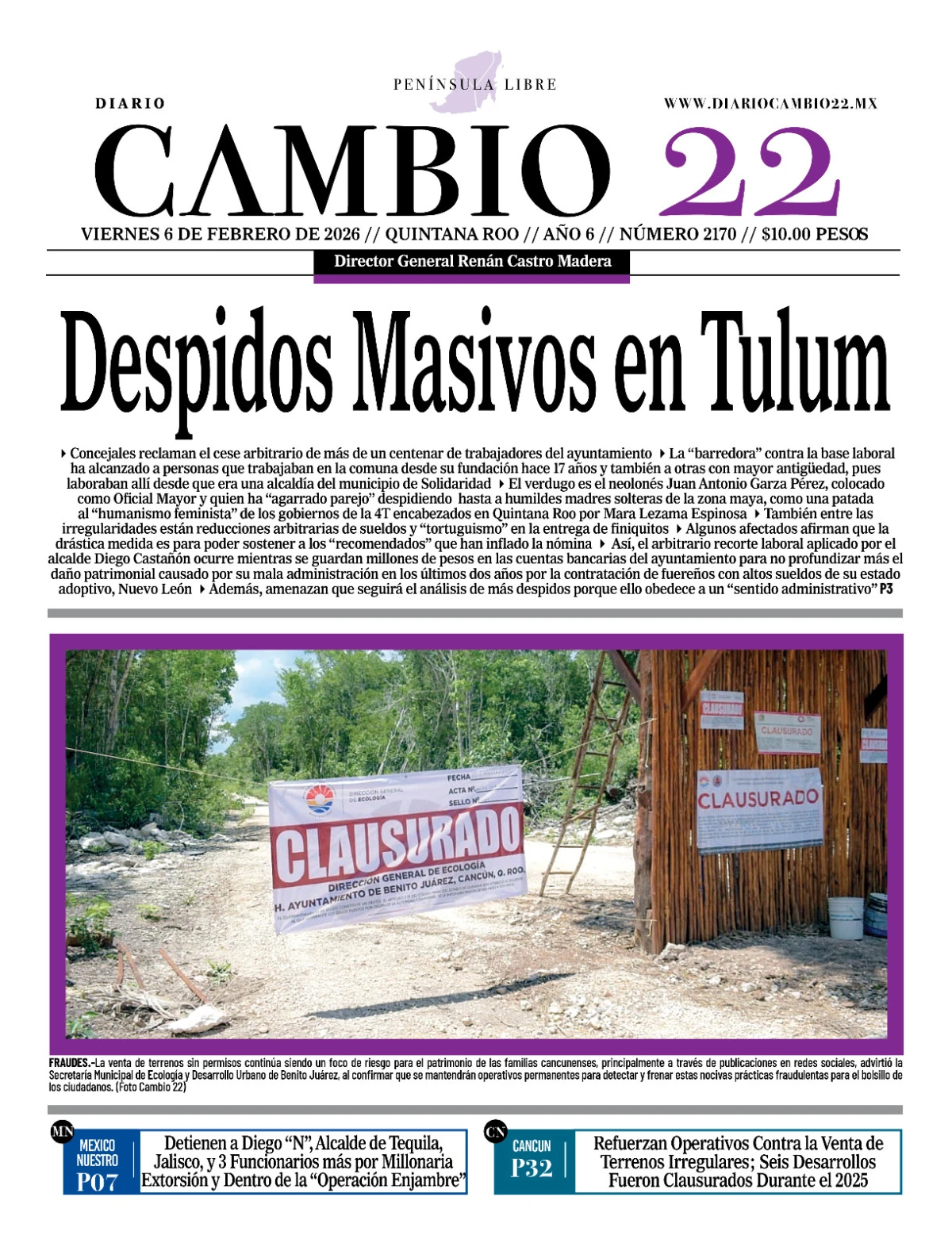 Portada de Diario Cambio 22 (portada) del viernes, 6 de febrero de 2026