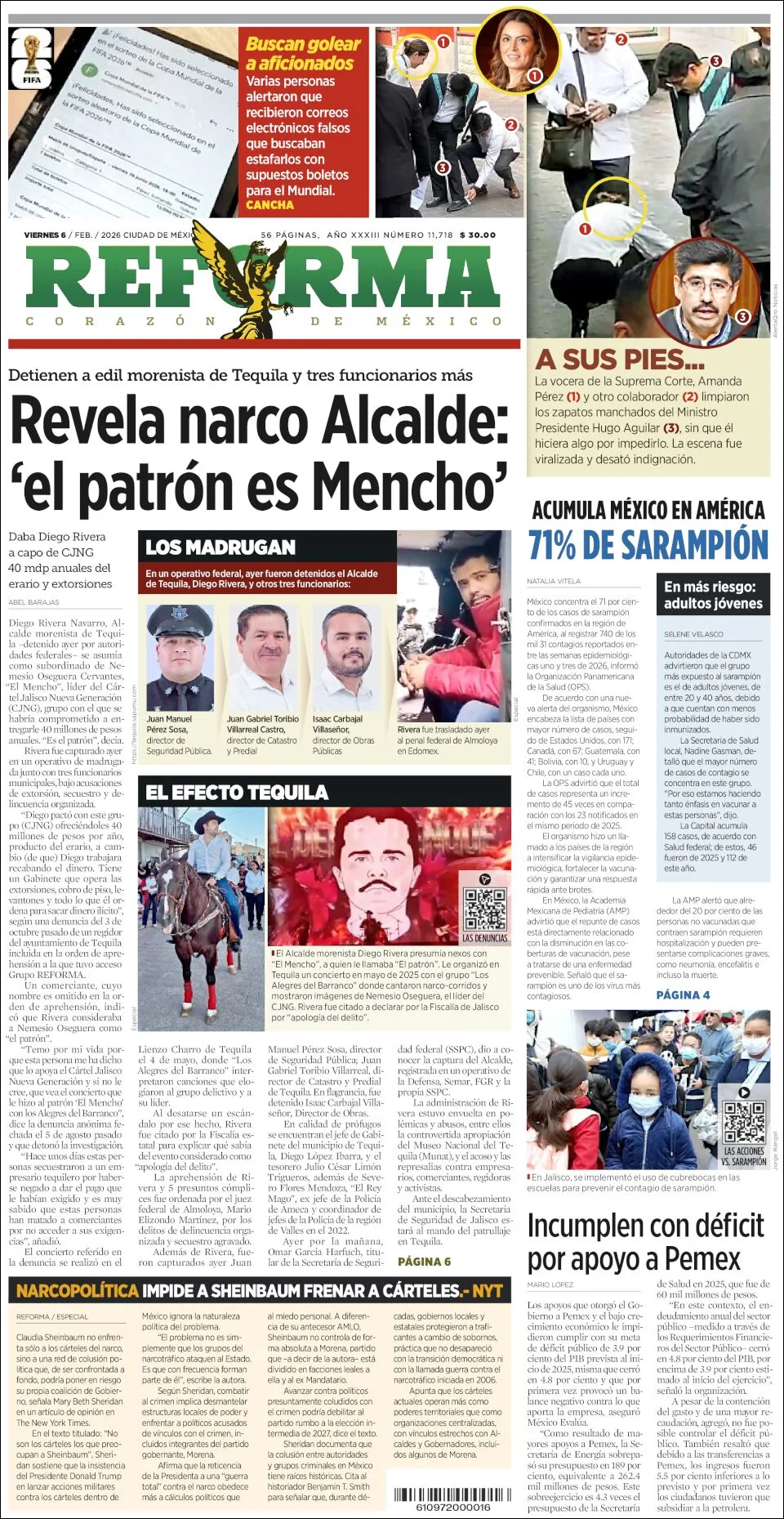 Portada de Reforma del viernes, 6 de febrero de 2026
