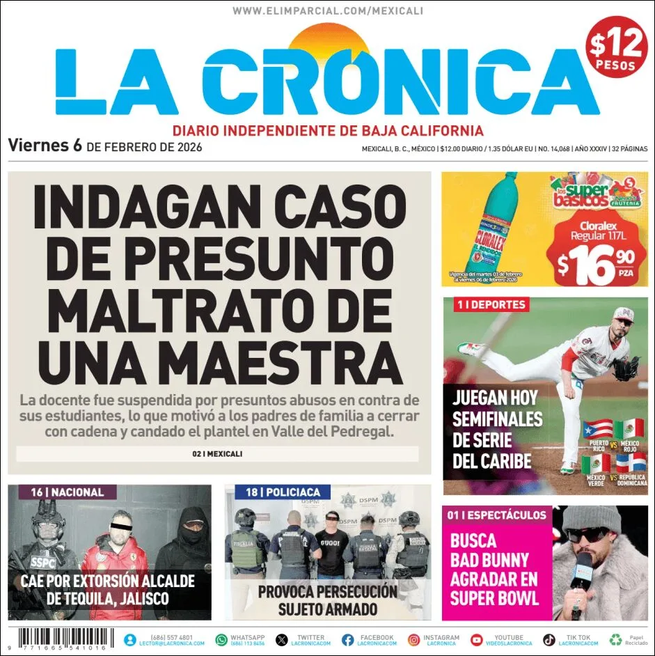 Portada de La Cronica del viernes, 6 de febrero de 2026