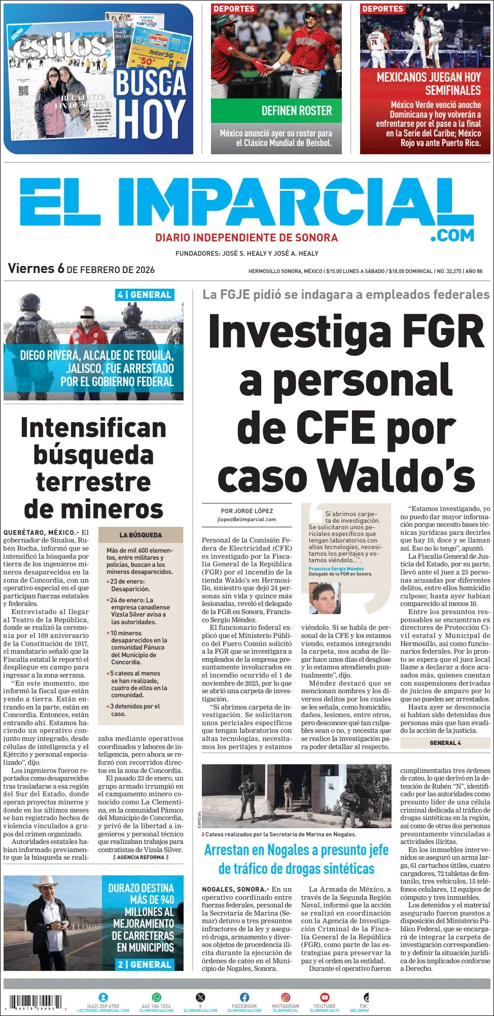 Portada de El Imparcial del viernes, 6 de febrero de 2026
