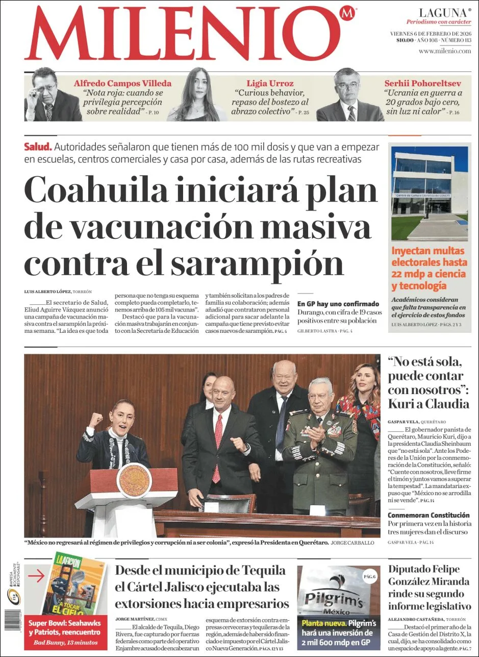 Portada de Milenio Laguna del viernes, 6 de febrero de 2026