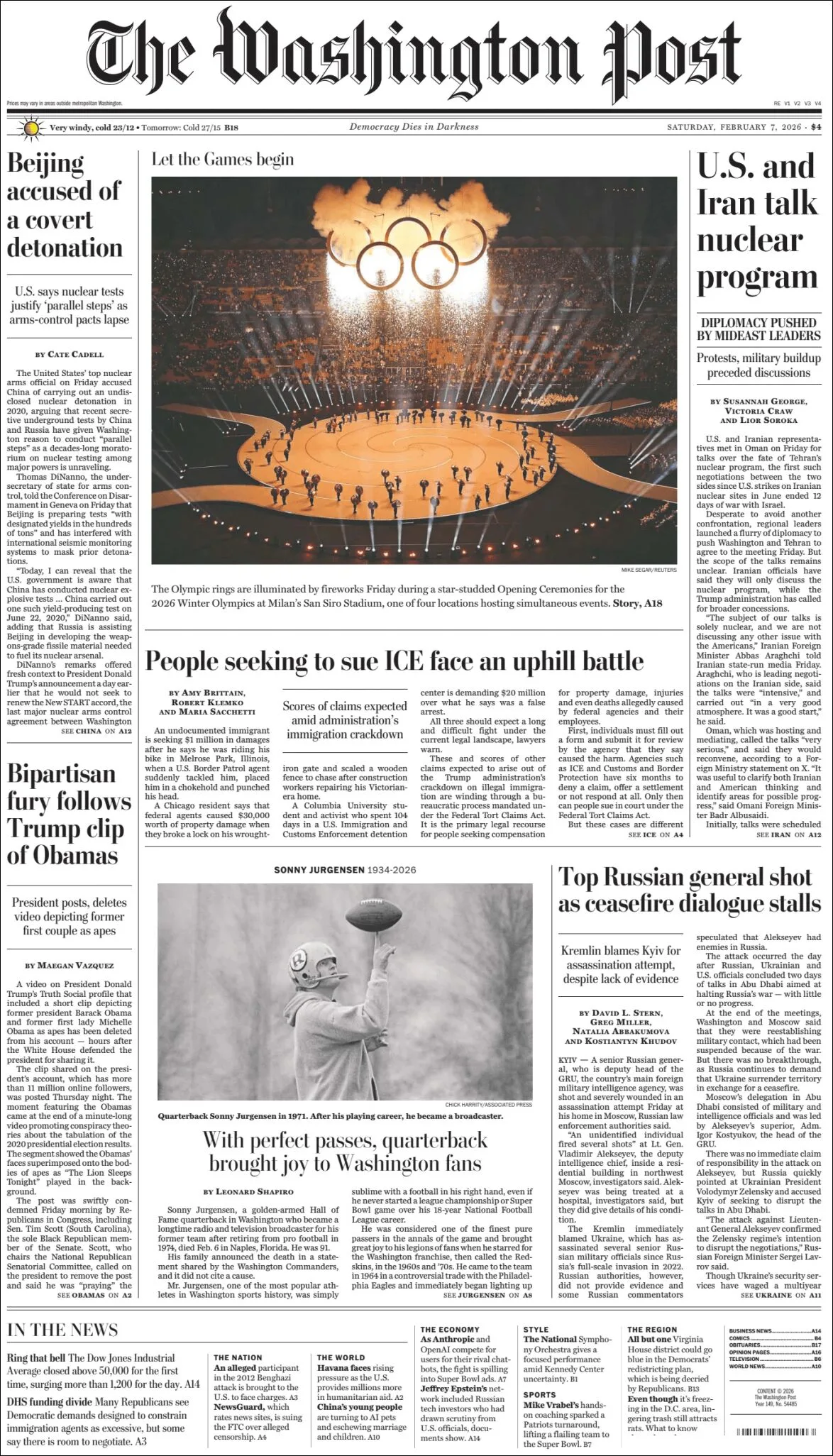 Portada de The Washington Post del sábado, 7 de febrero de 2026