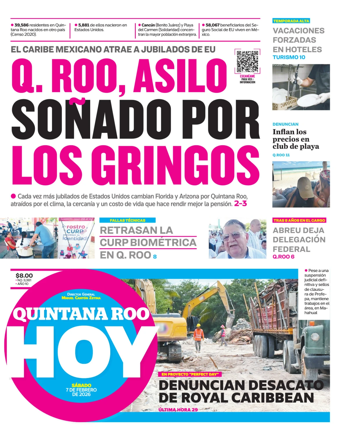Portada de Quintana Roo Hoy (portada) del sábado, 7 de febrero de 2026