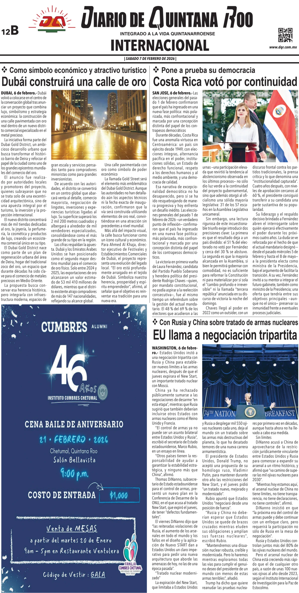 Portada de Diario de Quintana Roo (contra Portada) del sábado, 7 de febrero de 2026