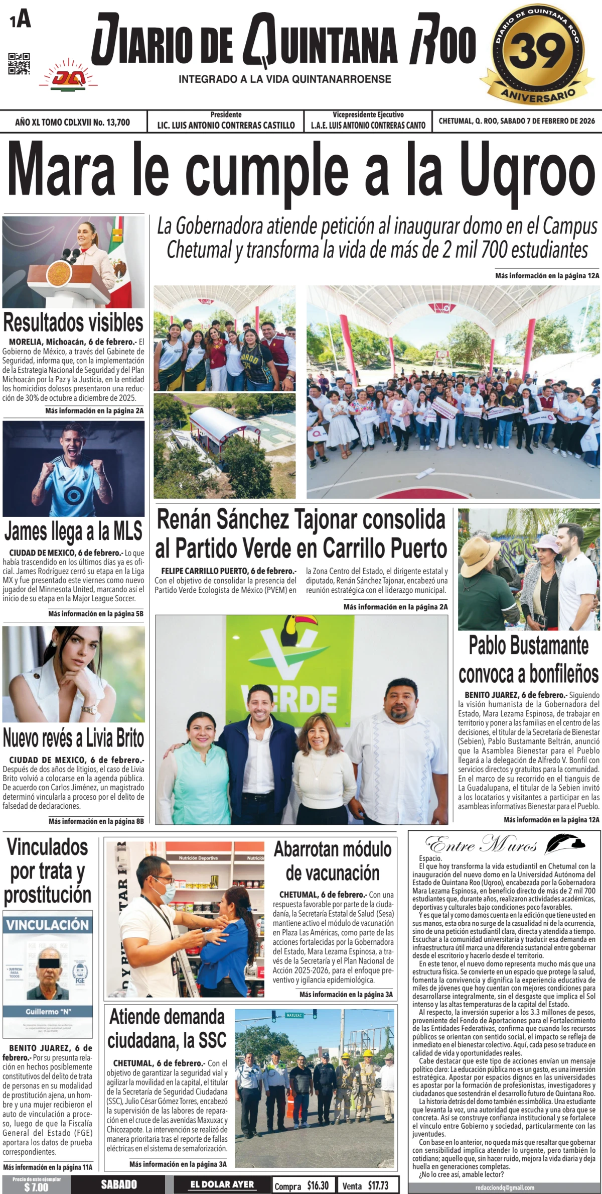 Portada de Diario de Quintana Roo (portada) del sábado, 7 de febrero de 2026