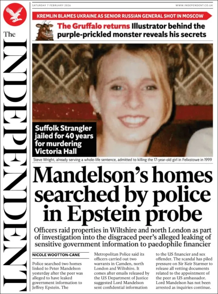 Portada de The Independent del sábado, 7 de febrero de 2026