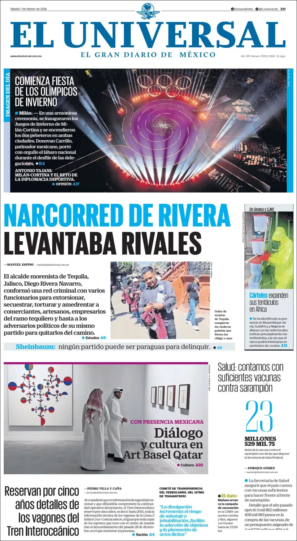 Portada de El Universal del sábado, 7 de febrero de 2026