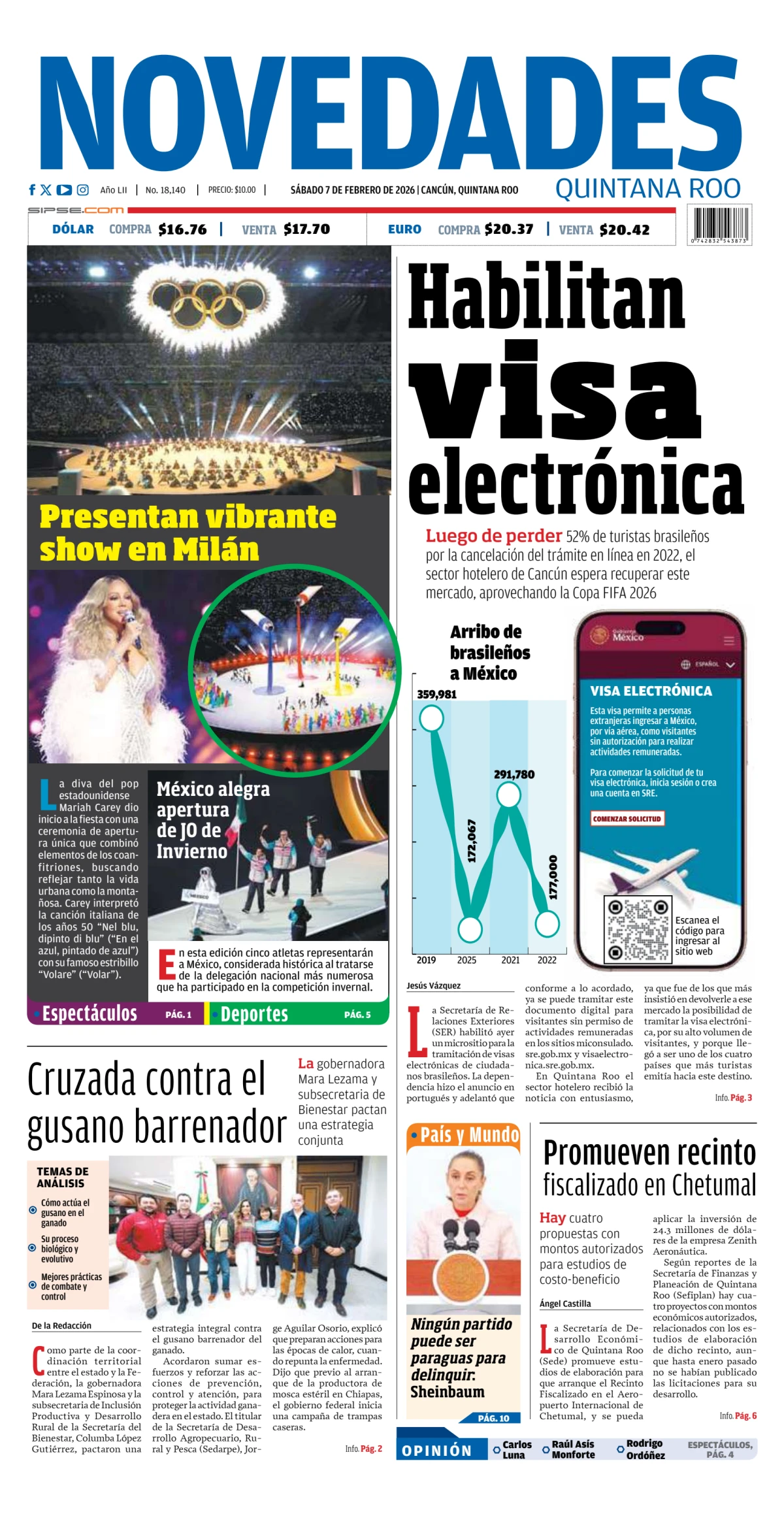 Portada de Novedades Quintana Roo del sábado, 7 de febrero de 2026