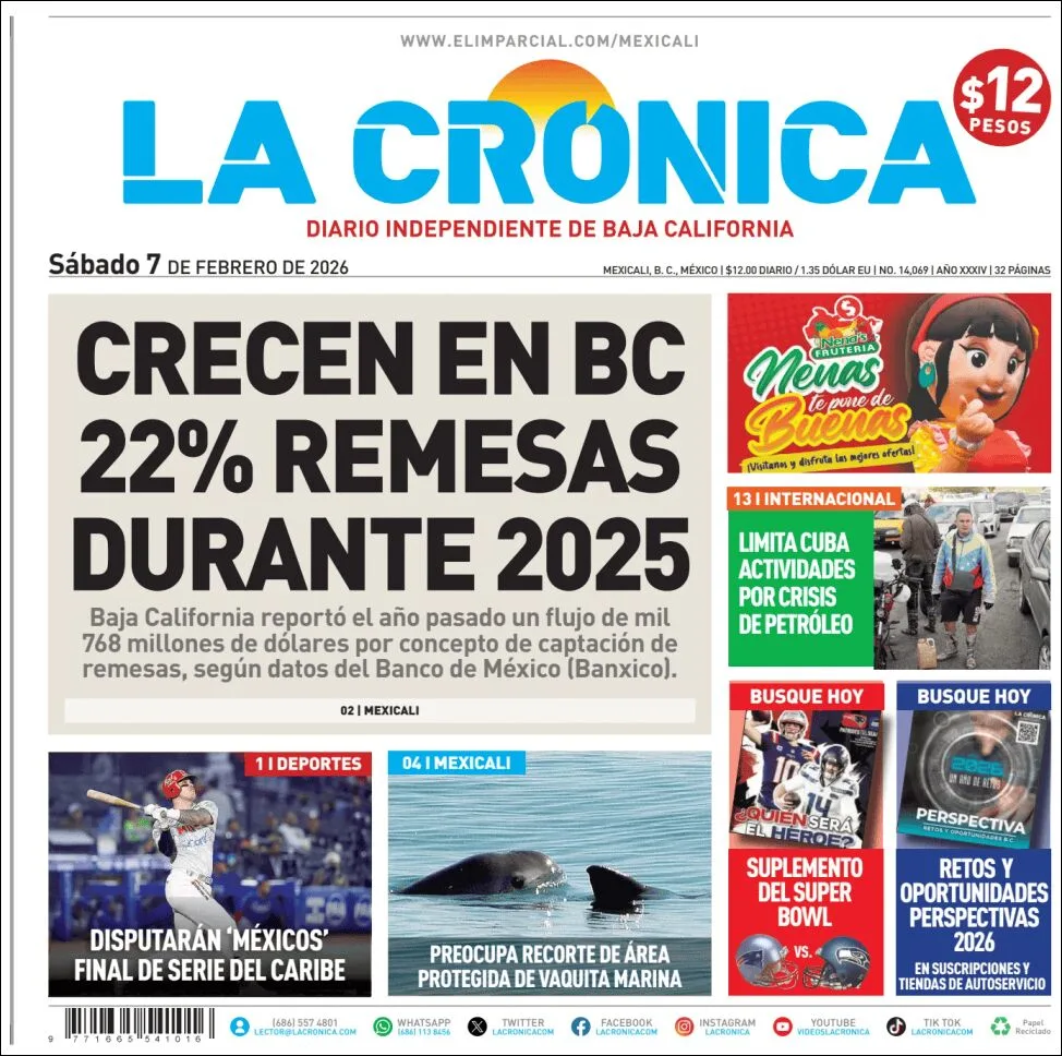 Portada de La Cronica del sábado, 7 de febrero de 2026