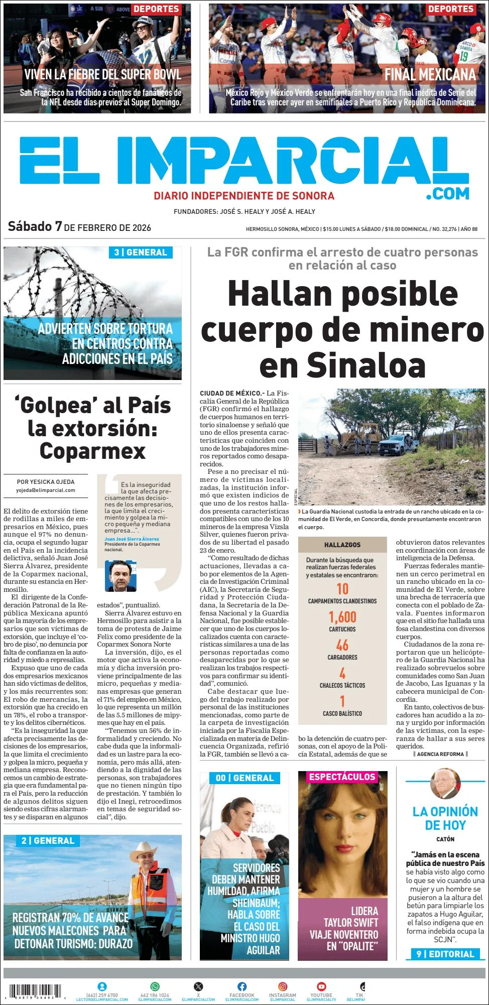 Portada de El Imparcial del sábado, 7 de febrero de 2026