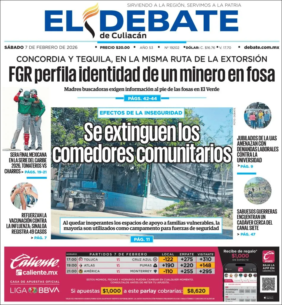 Portada de El Debate de Culiacan del sábado, 7 de febrero de 2026