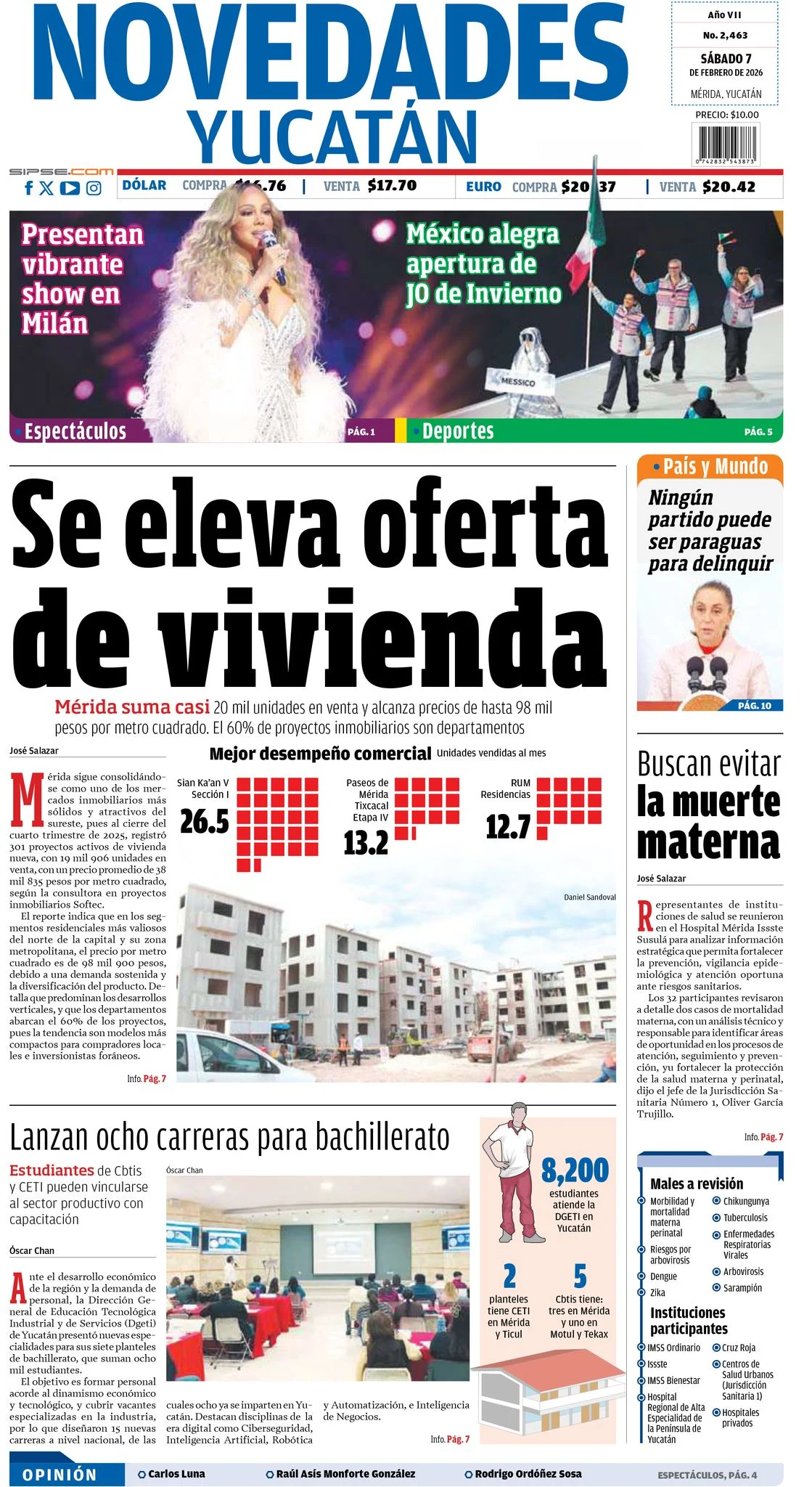 Portada de Novedades Yucatan del sábado, 7 de febrero de 2026
