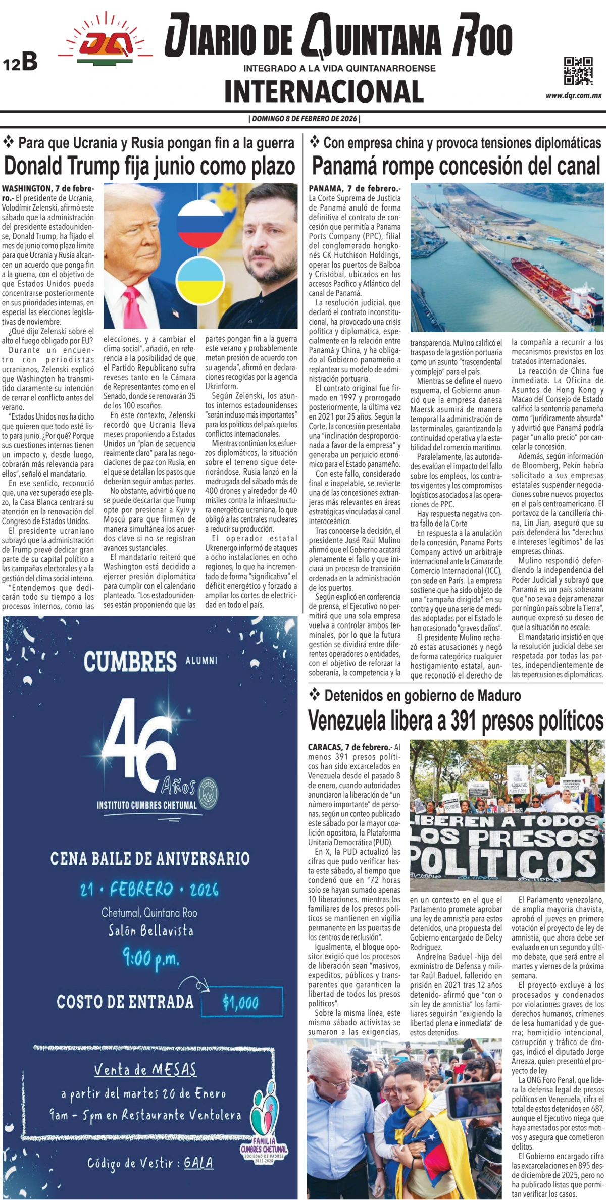 Portada de Diario de Quintana Roo (contra Portada) del domingo, 8 de febrero de 2026