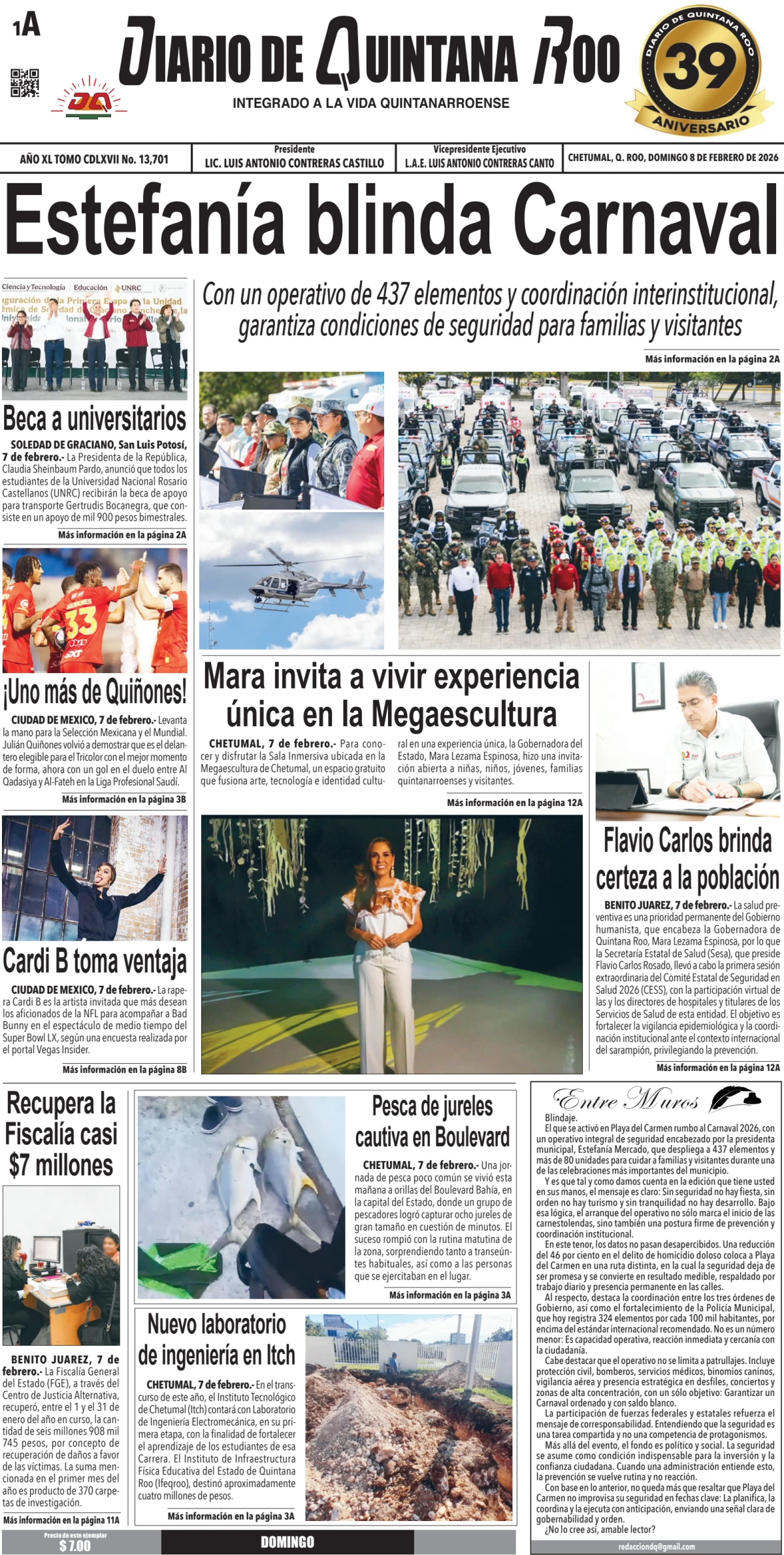 Portada de Diario de Quintana Roo (portada) del domingo, 8 de febrero de 2026