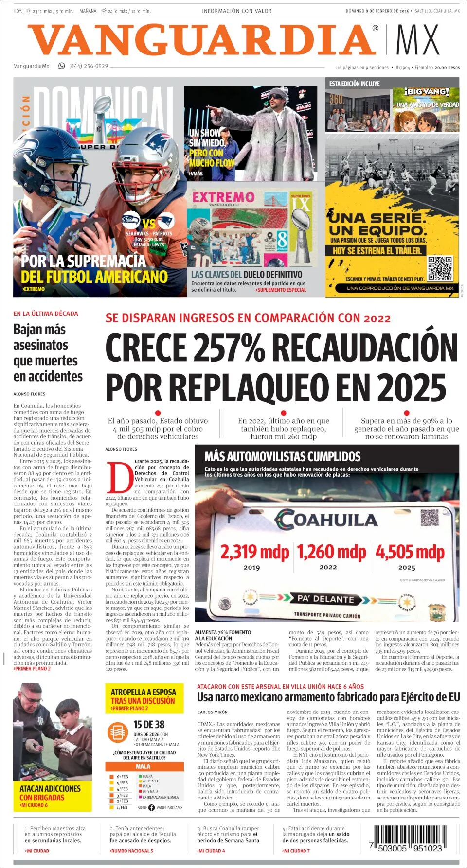 Portada de Vanguardia del domingo, 8 de febrero de 2026
