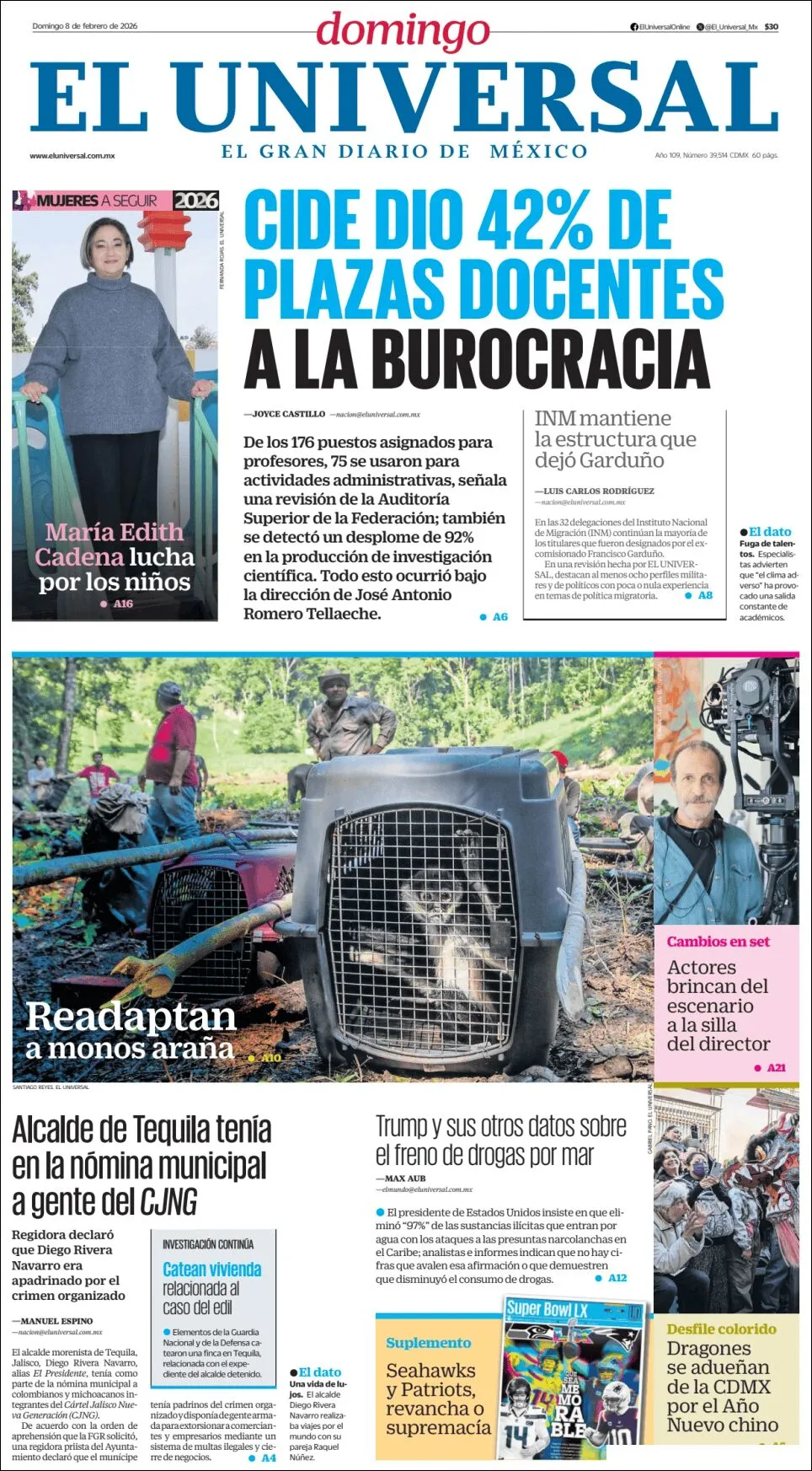 Portada de El Universal del domingo, 8 de febrero de 2026