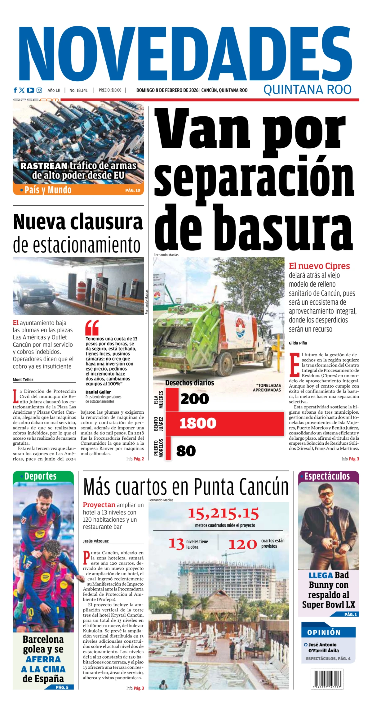 Portada de Novedades Quintana Roo del domingo, 8 de febrero de 2026