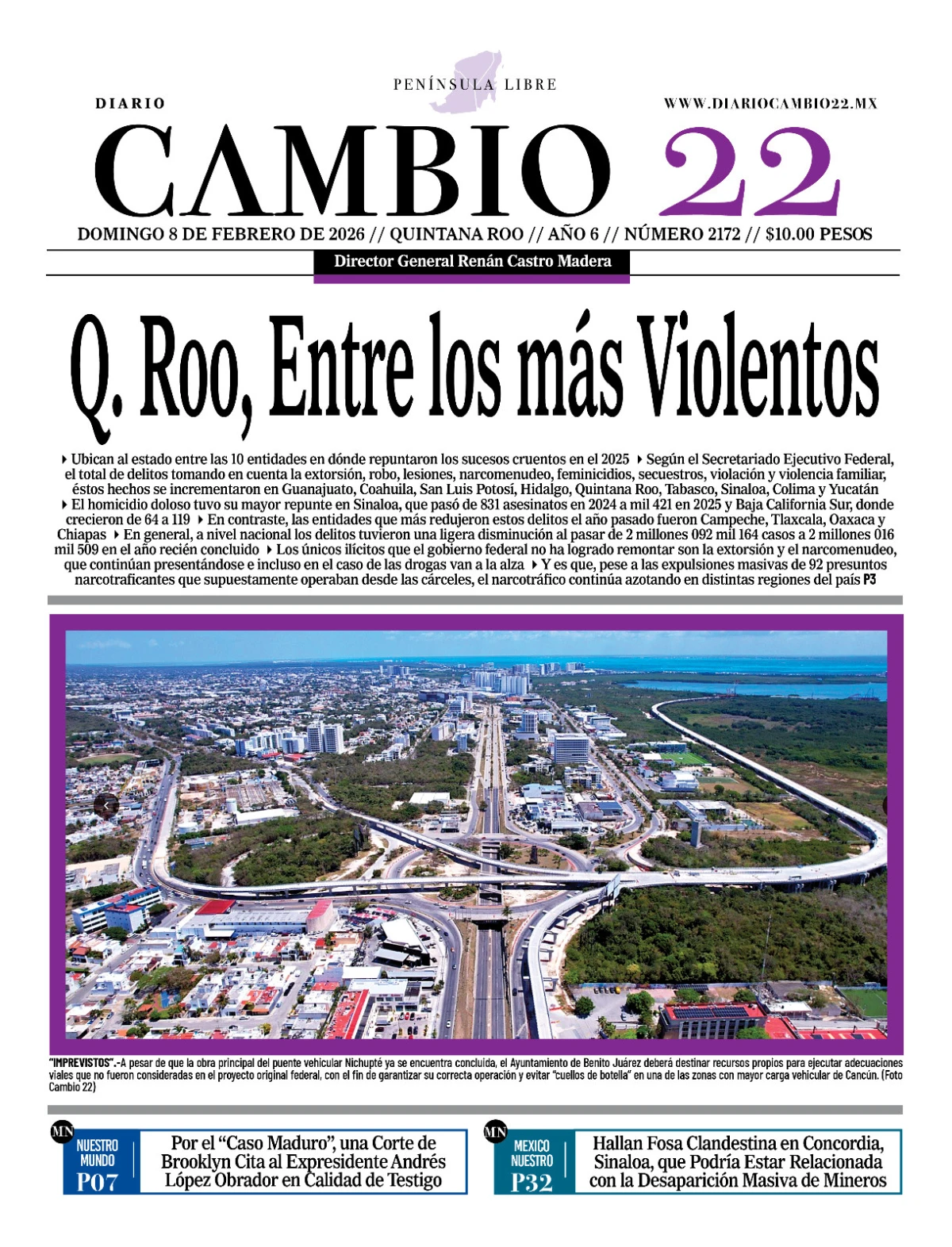 Portada de Diario Cambio 22 (portada) del domingo, 8 de febrero de 2026