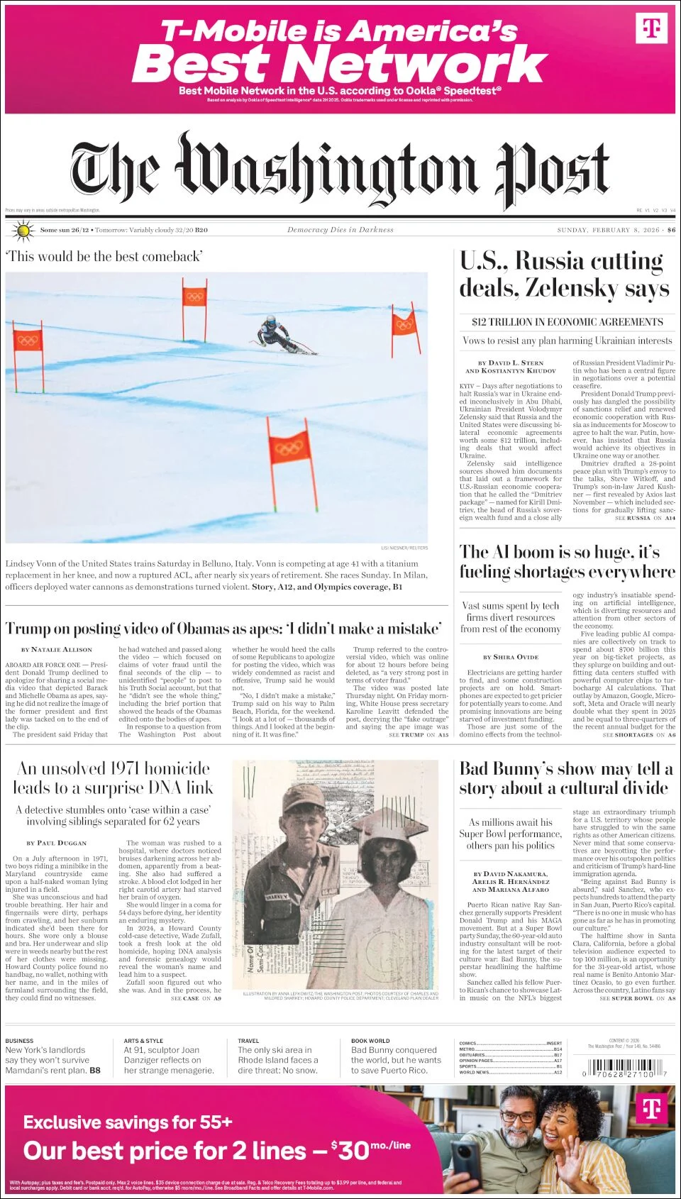 Portada de The Washington Post del domingo, 8 de febrero de 2026