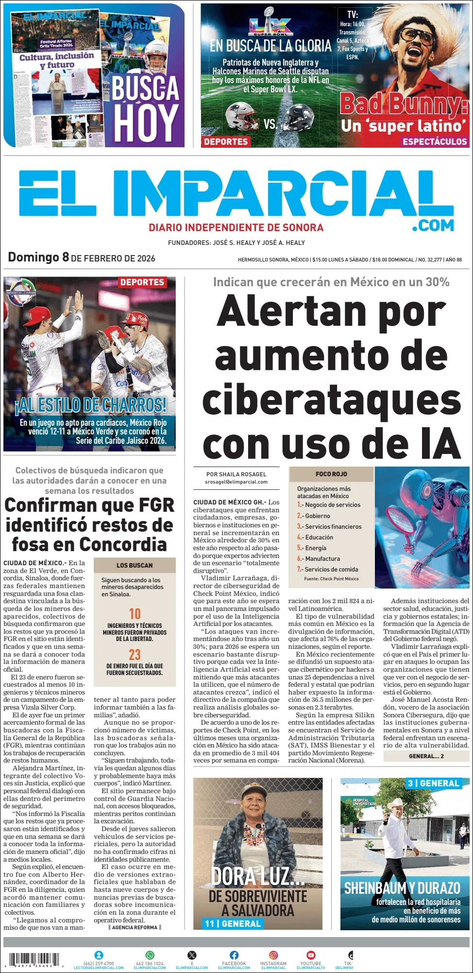 Portada de El Imparcial del domingo, 8 de febrero de 2026