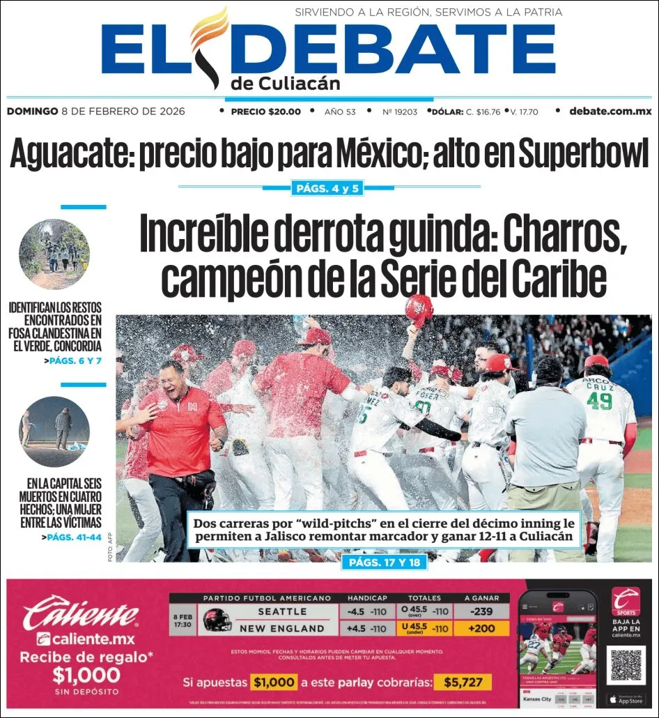 Portada de El Debate de Culiacan del domingo, 8 de febrero de 2026