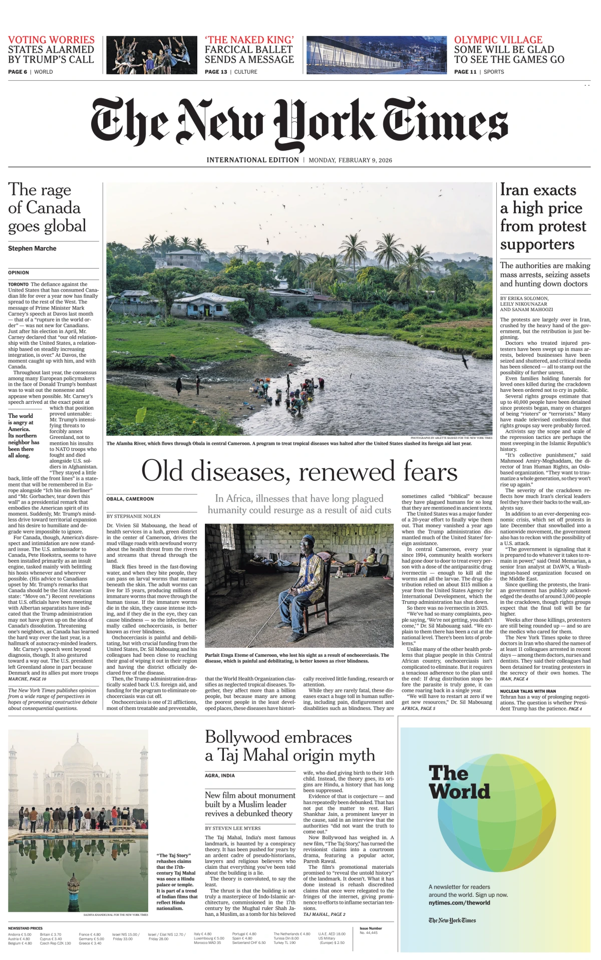 Portada de The New York Times (international) del lunes, 9 de febrero de 2026
