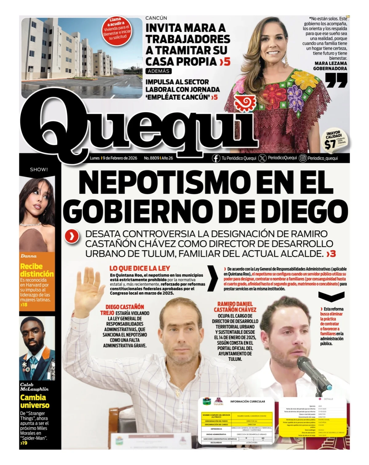 Portada de Quequi del lunes, 9 de febrero de 2026