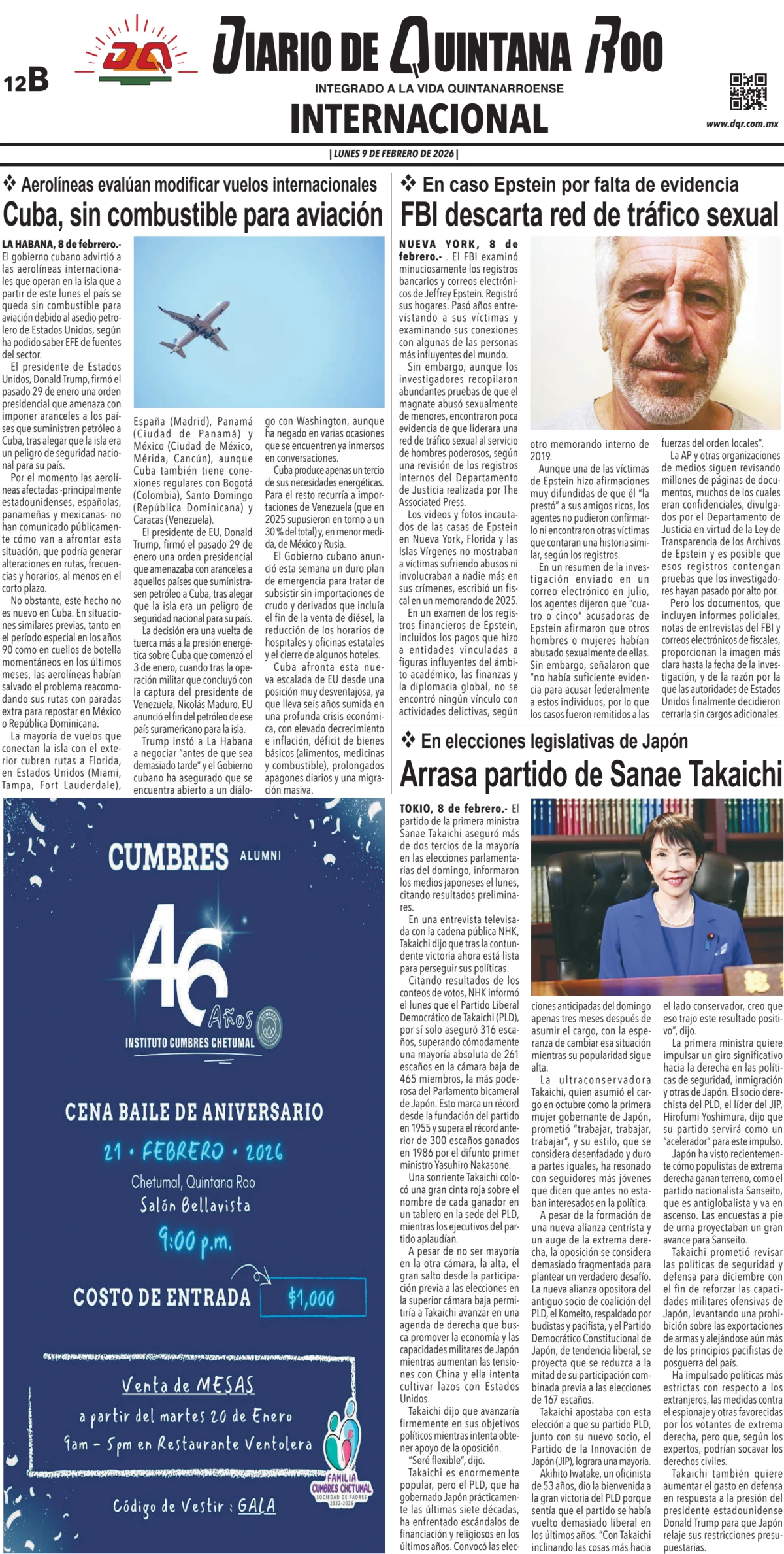 Portada de Diario de Quintana Roo (contra Portada) del lunes, 9 de febrero de 2026