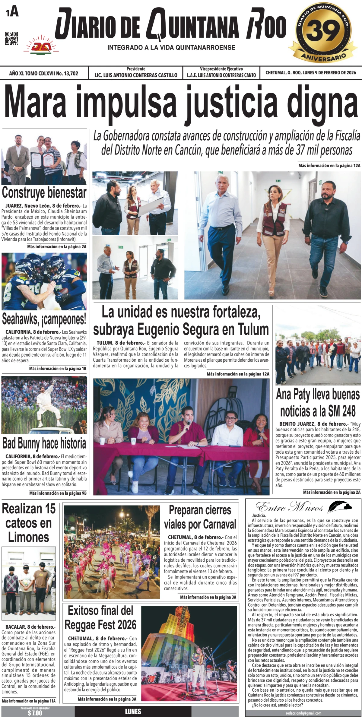 Portada de Diario de Quintana Roo (portada) del lunes, 9 de febrero de 2026
