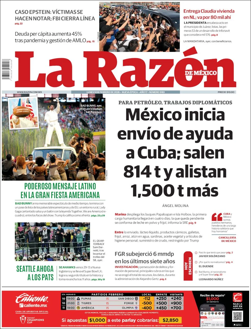 Portada de La Razon del lunes, 9 de febrero de 2026