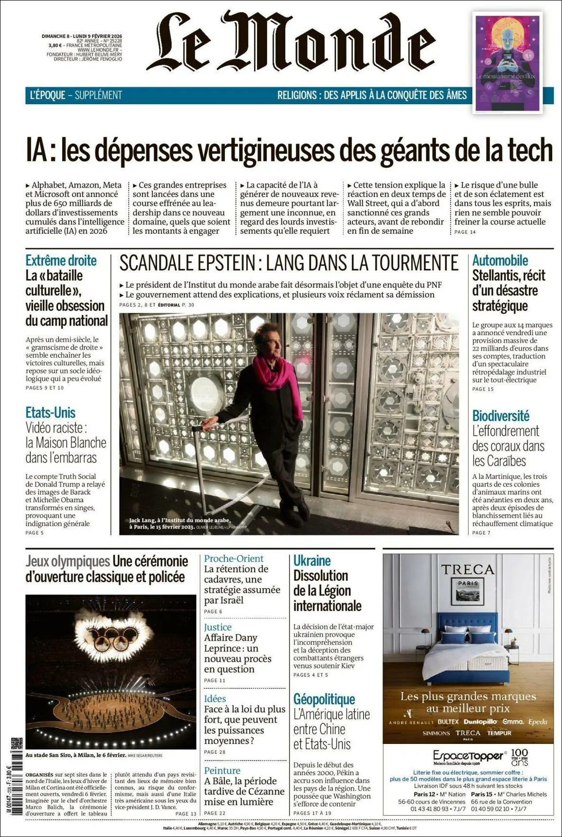 Portada de Le Monde del lunes, 9 de febrero de 2026